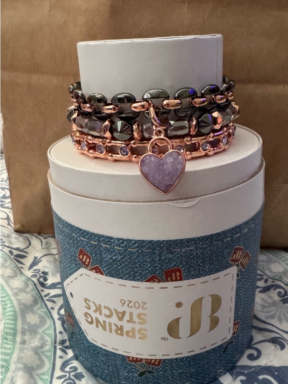 Rose Gold and Gray Heart Charm Layered Bracelet Set - Women Jewelry